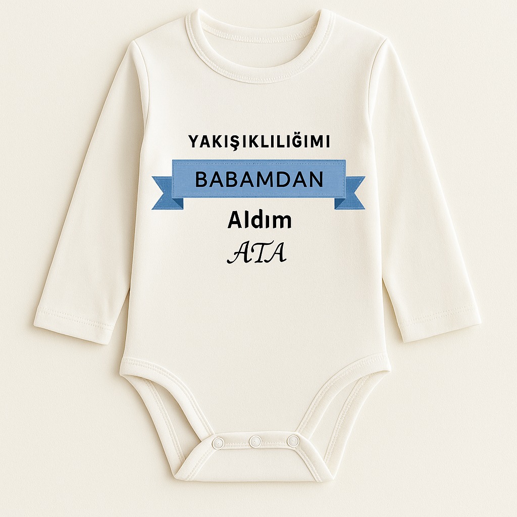 Yakışıklılığımı Babamdan Aldım İsme Özel Bebek Zıbını – Uzun Kollu