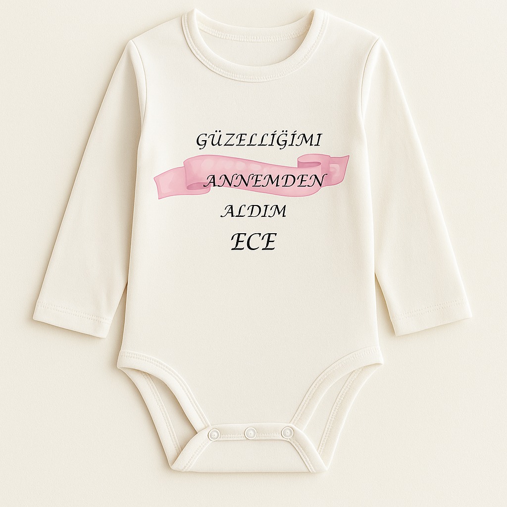 Güzelliğimi Annemden Aldım İsme Özel Uzun Kollu Bebek Zıbını