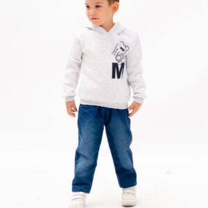 Erkek Çocuk Gri Kapüşonlu Sweat & Kot Pantolon Takımı | Ayıcık Baskılı 2'li Set