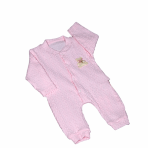 Fiyonklu Kabartmalı %100 Pamuk Pembe Kız Bebek Tulum