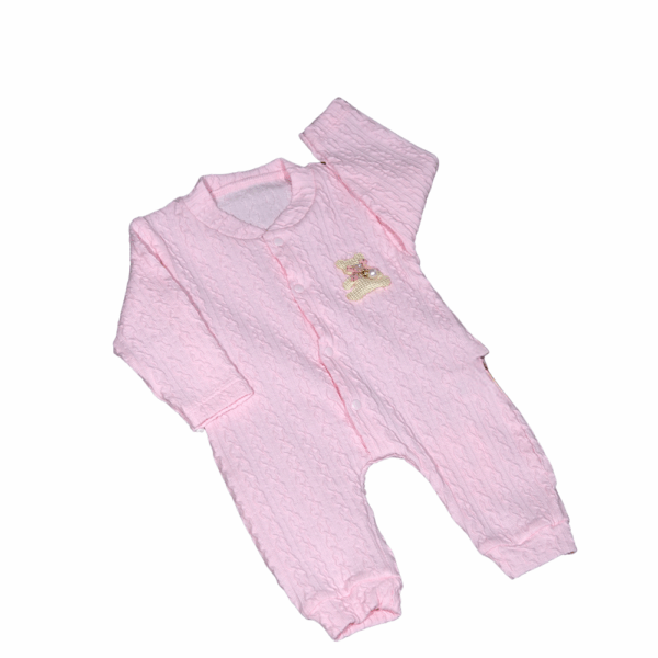 Fiyonklu Kabartmalı %100 Pamuk Pembe Kız Bebek Tulum