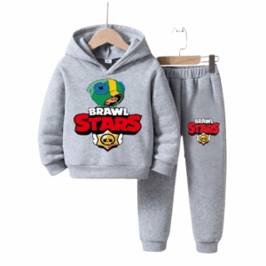 Gri Brawl Stars Baskılı Kapüşonlu Çocuk Eşofman Takımı