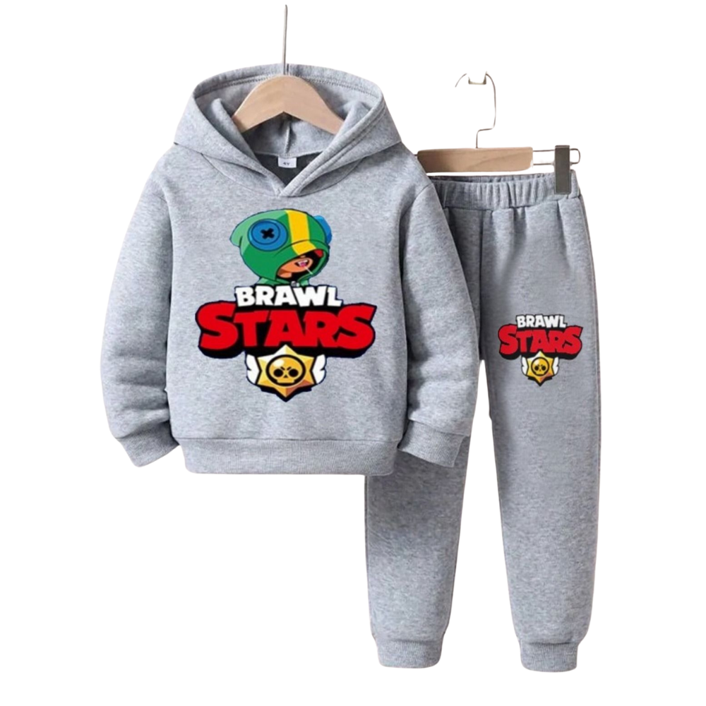 Gri Brawl Stars Baskılı Kapüşonlu Çocuk Eşofman Takımı