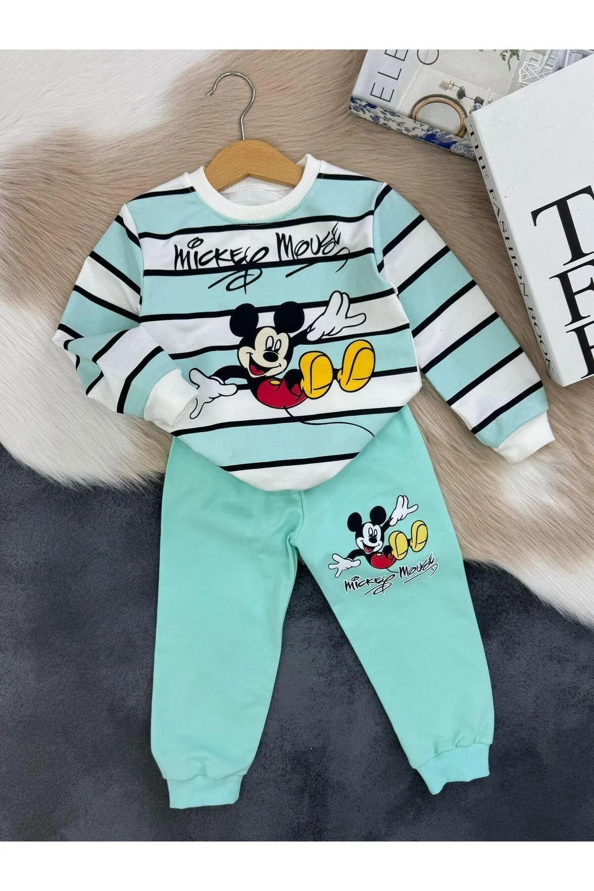 Mickey Mouse Mint Çocuk Takımı | Sweatshirt & Alt Set | %100 Organik Pamuk