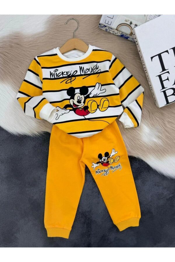 Mickey Mouse Sarı Çizgili Çocuk Takımı | %100 Organik Pamuk | 2'li Set (Sweatshirt & Alt)