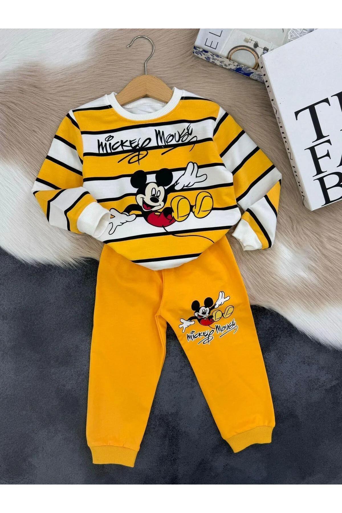 Mickey Mouse Sarı Çizgili Çocuk Takımı | %100 Organik Pamuk | 2’li Set (Sweatshirt & Alt)