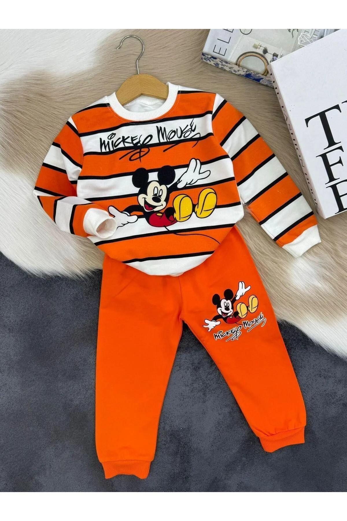 Mickey Mouse Turuncu Çocuk Takımı | Sweatshirt & Alt Set | %100 Organik Pamuk