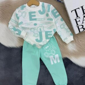 Mint Yeşili Yazı Baskılı Sweatshirt ve Alt Eşofman Takımı | %100 Organik Pamuk