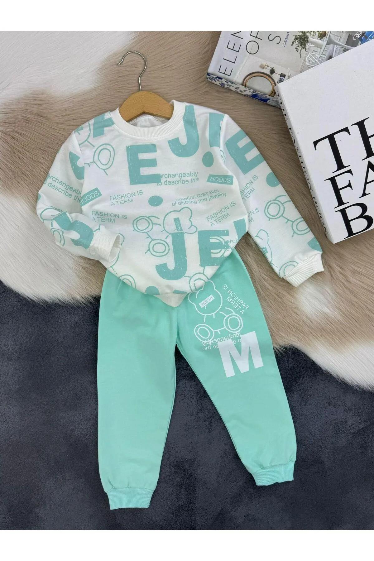 Mint Yeşili Yazı Baskılı Sweatshirt ve Alt Eşofman Takımı | %100 Organik Pamuk