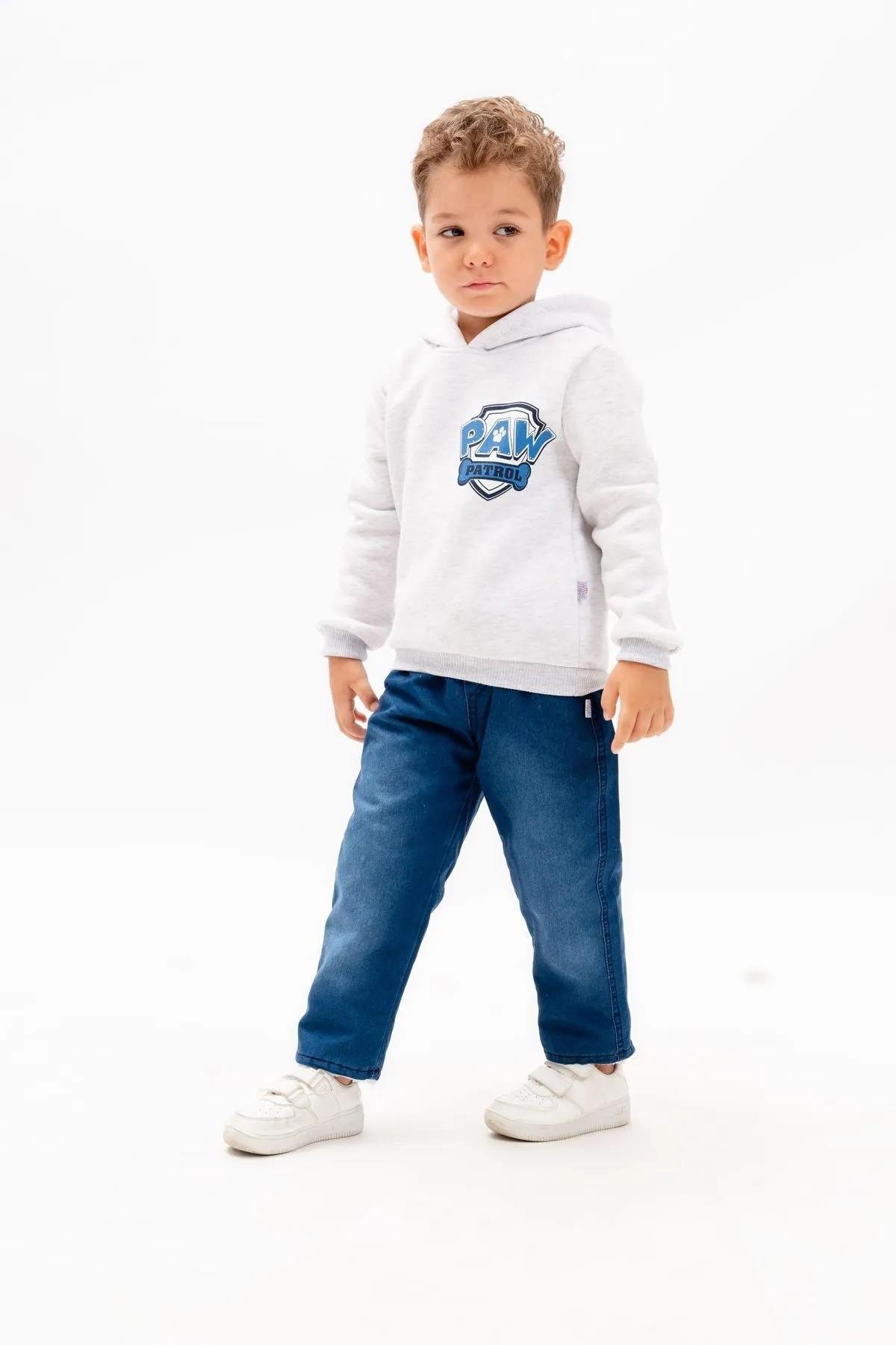 Paw Patrol Logolu Çocuk Kapüşonlu Sweatshirt ve Jean Pantolon Kombini | %100 Organik Pamuk